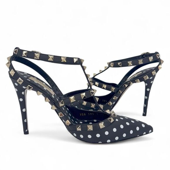 VALENTINO GARAVANI Black Ankle Strap Rockstud White Polkadot Sandals Siz… - Picture 8 of 15